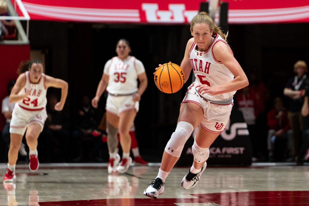 Utah guard Gianna Kneepkens (5) versus the South Carolina State Bulldogs at Jon M. Huntsman Center in Salt Lake City on Thursday, Nov. 09, 2023. (Photo by Xiangyao “Axe” Tang | The Daily Utah Chronicle)