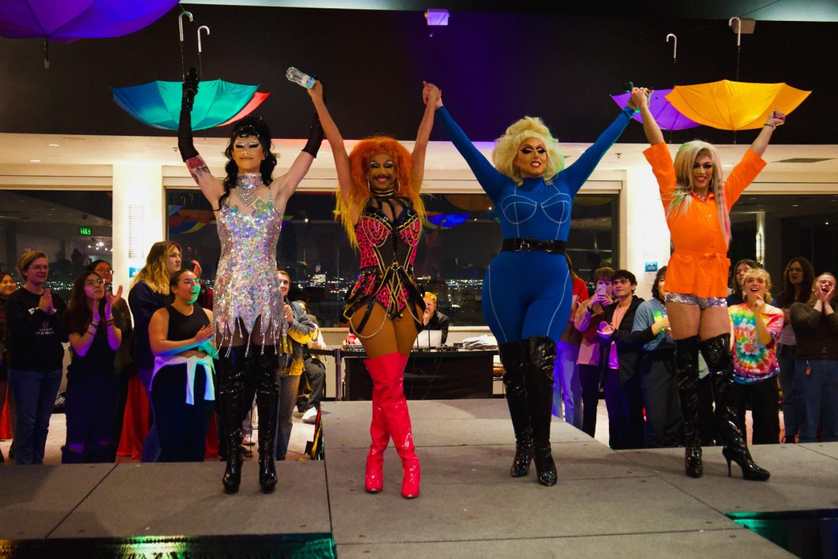 (From left:) Hysteria, KayBye, Eva Chanel Stephens and Lilia Maughn perfrom at a drag show held at the A. Ray Olpin Student Union Building at the University of Utah. (Photo by Minh Vuong | The Daily Utah Chronicle)(Photo by Minh Vuong | The Daily Utah Chronicle)