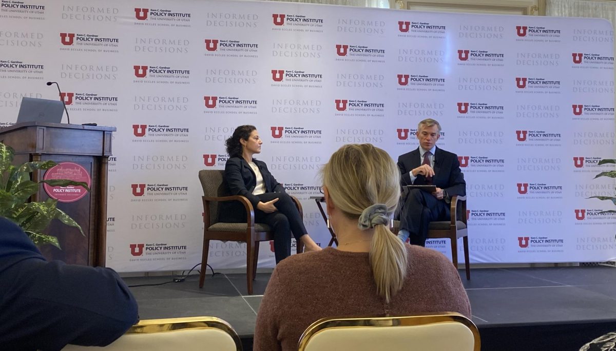 Dr. Melissa S. Kearney (left) and Adam Looney (right) at the November Newsmaker Breakfast: “The Economics of Marriage at the Kem C. Gardner Policy Institute on Nov. 8, 2023. (Photo by Allison Stuart | The Daily Utah Chronicle)