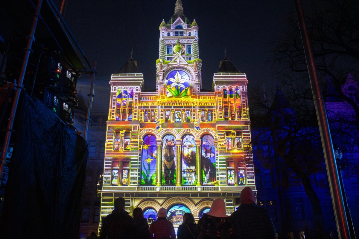Nature themed artwork projected onto the Salt Lake City and County Building to match its facade at ILLUMINATE Creative Art + Tech Festival on Friday, Nov. 10, 2023. (Photo by Andre Montoya | The Daily Utah Chronicle)