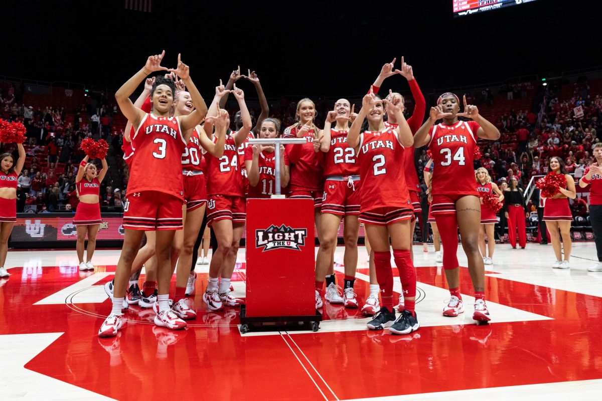 The Utah women’s basketball lights the U after defeating the BYU Cougars at Jon M. Huntsman Center in Salt Lake City on Saturday, Dec. 02, 2023. (Photo by Xiangyao “Axe” Tang | The Daily Utah Chronicle)