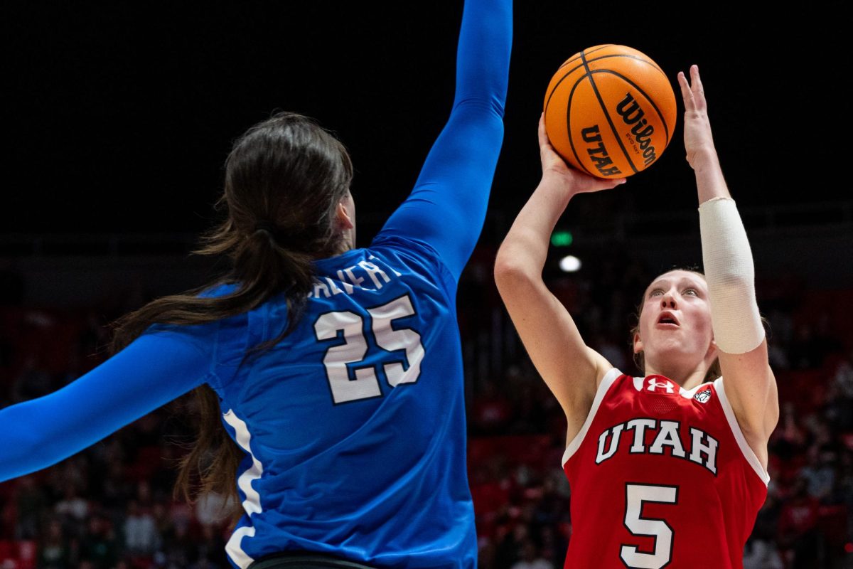 Utah guard Gianna Kneepkens (5) shoots versus the BYU Cougars at the Jon M. Huntsman Center in Salt Lake City on Saturday, Dec. 2, 2023. (Photo by Xiangyao “Axe” Tang | The Daily Utah Chronicle)