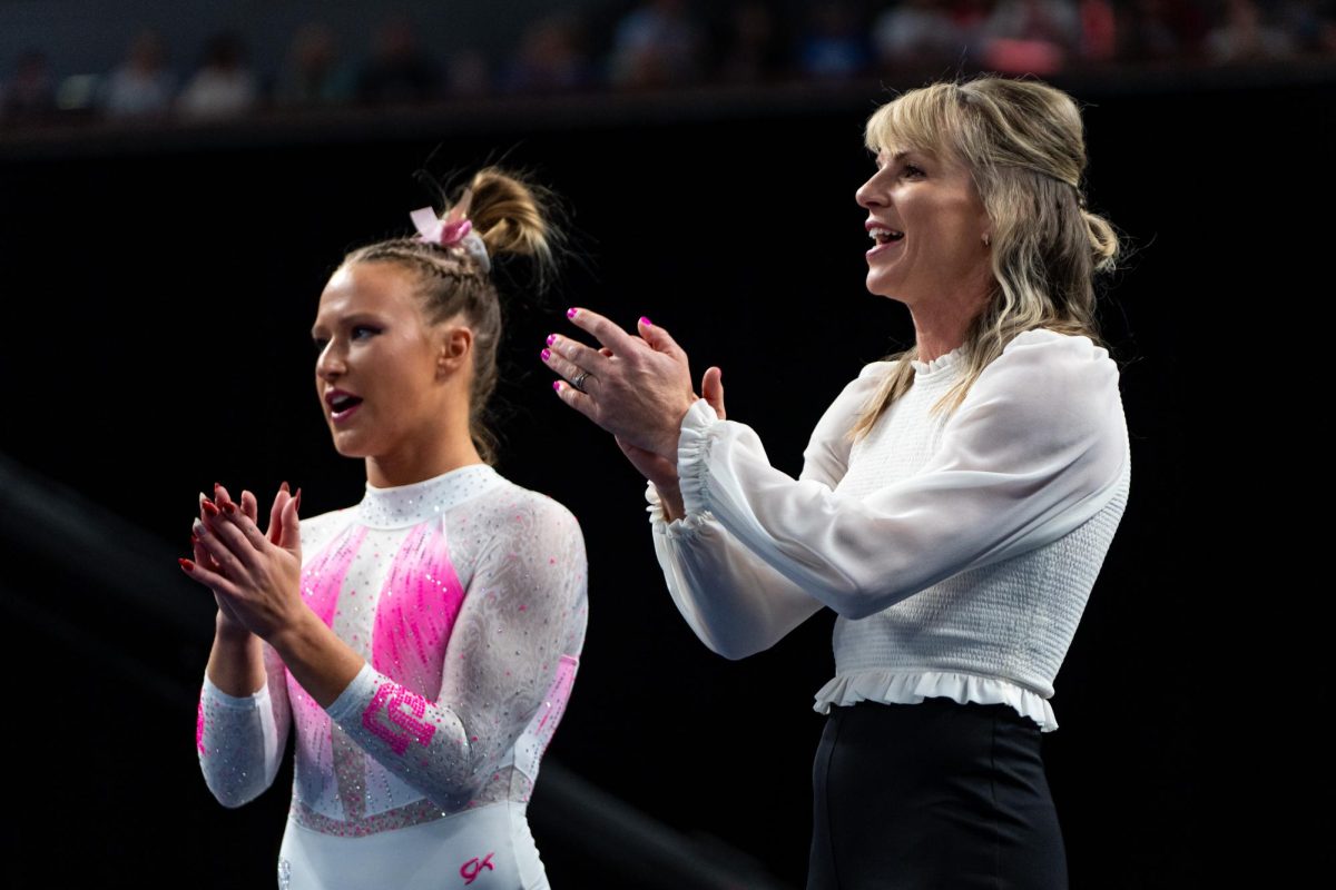 Utah gymnast Abby Paulson assistant head coach Carly Dockendorf at the 2023 NCAA Women’s National Collegiate Gymnastics Championships Finals at Dickies Arena in Fort Worth, TX, on Saturday, April 15, 2023. (Photo by Xiangyao “Axe” Tang | The Daily Utah Chronicle)