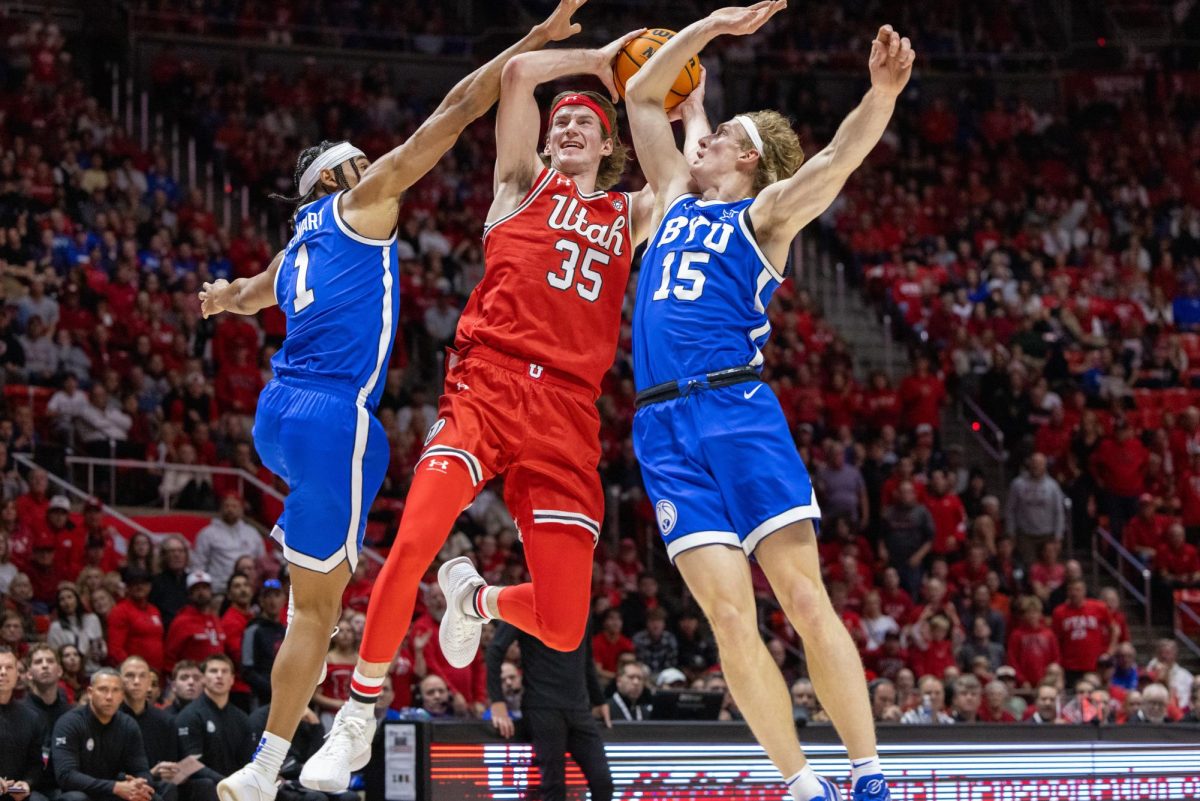 Utah center Branden Carlson (35) versus the BYU Cougars at Jon M. Huntsman Center in Salt Lake City on Saturday, Dec. 09, 2023. (Photo by Mary Allen | The Daily Utah Chronicle)