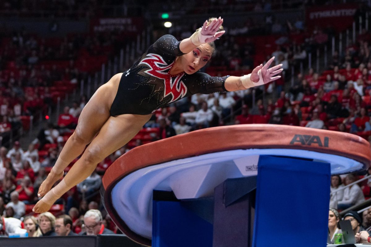 Utah gymnast Makenna Smith in her vault routine versus the Boise State Broncos at the Jon M. Huntsman Center in Salt Lake City on Friday, Jan. 5, 2024. (Photo by Xiangyao “Axe” Tang | The Daily Utah Chronicle)