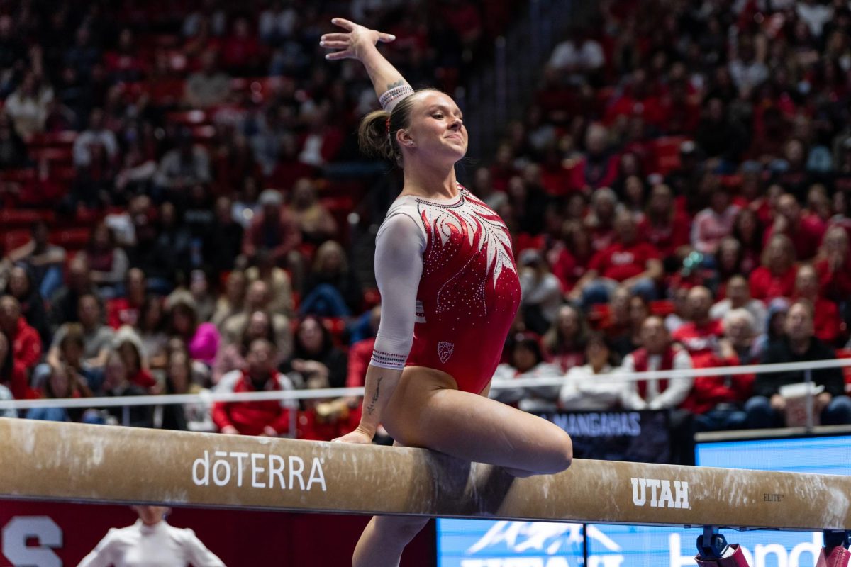 Utah gymnast Maile OKeefe performs on beam versus the Arizona State Sun Devils at the Jon M. Huntsman Center in Salt Lake City on Friday, Jan. 26, 2024. (Photo by Xiangyao “Axe” Tang | The Daily Utah Chronicle)