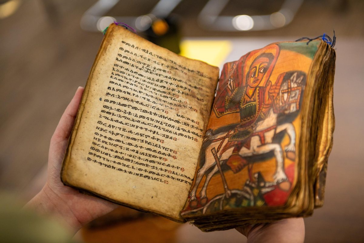 An Ethiopian codex (manuscript) written in Ethiopic (Ge’ez), produced sometime between the 11th and 19th century, that was used by the Ethiopian Orthodox Church, is part of the Rare Books Collection at the J. Willard Marriott Library in Salt Lake City on Feb. 2, 2024. (Photo by Johnny Morris | The Daily Utah Chronicle)