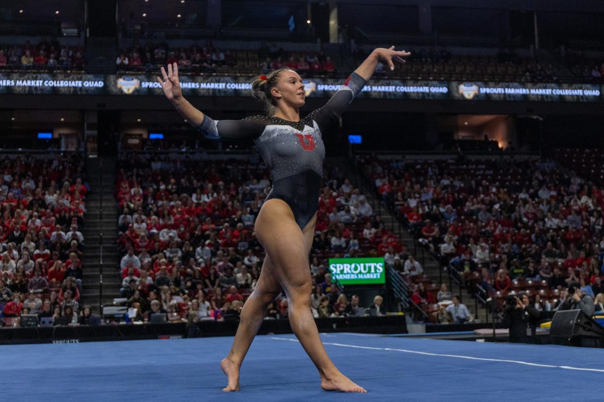 Utah gymnast Maile OKeefe performs her floor routine at the Sprouts Farmers Market Collegiate Quad at Maverik Center in West Valley City, Utah on Saturday, Jan. 13, 2024. (Photo by Mary Allen | The Daily Utah Chronicle)