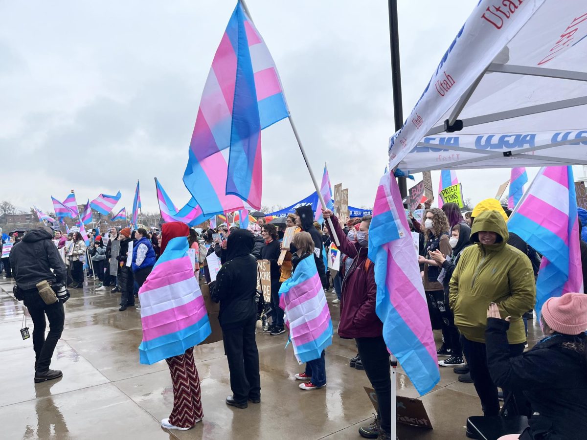 Protestors hold and wear transgender flags at a demonstration against H.B. 257 at the Utah State Capitol in Salt Lake City on Jan. 25, 2024. (Photo by Elle Cowley | The Daily Utah Chronicle)