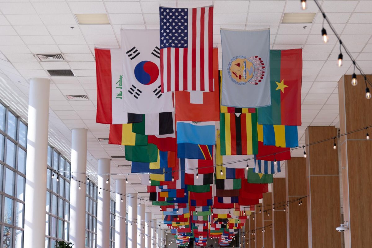 National flags on display at the the A. Ray Olpin Union in Salt Lake City on Monday, Jan. 29, 2024. (Photo by Sarah Karr | The Daily Utah Chronicle)