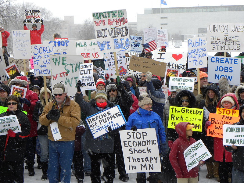 People rallying at the Minnesota capitol building to support the Wisconsin unions that are against the attempt to reduced the collective bargaining rights of public unions by Wisconsin Governor Walker and Republicans in other states on February 26, 2011. (Courtesy of Fibonacci Blue via Flickr)