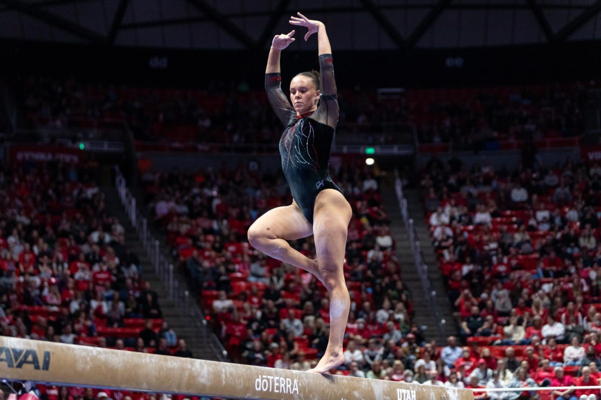 Utah gymnast Maile OKeefe in her beam routine versus the Oregon State Beavers at the Jon M. Huntsman Center in Salt Lake City on Friday, Feb. 2, 2024. (Photo by Xiangyao “Axe” Tang | The Daily Utah Chronicle)