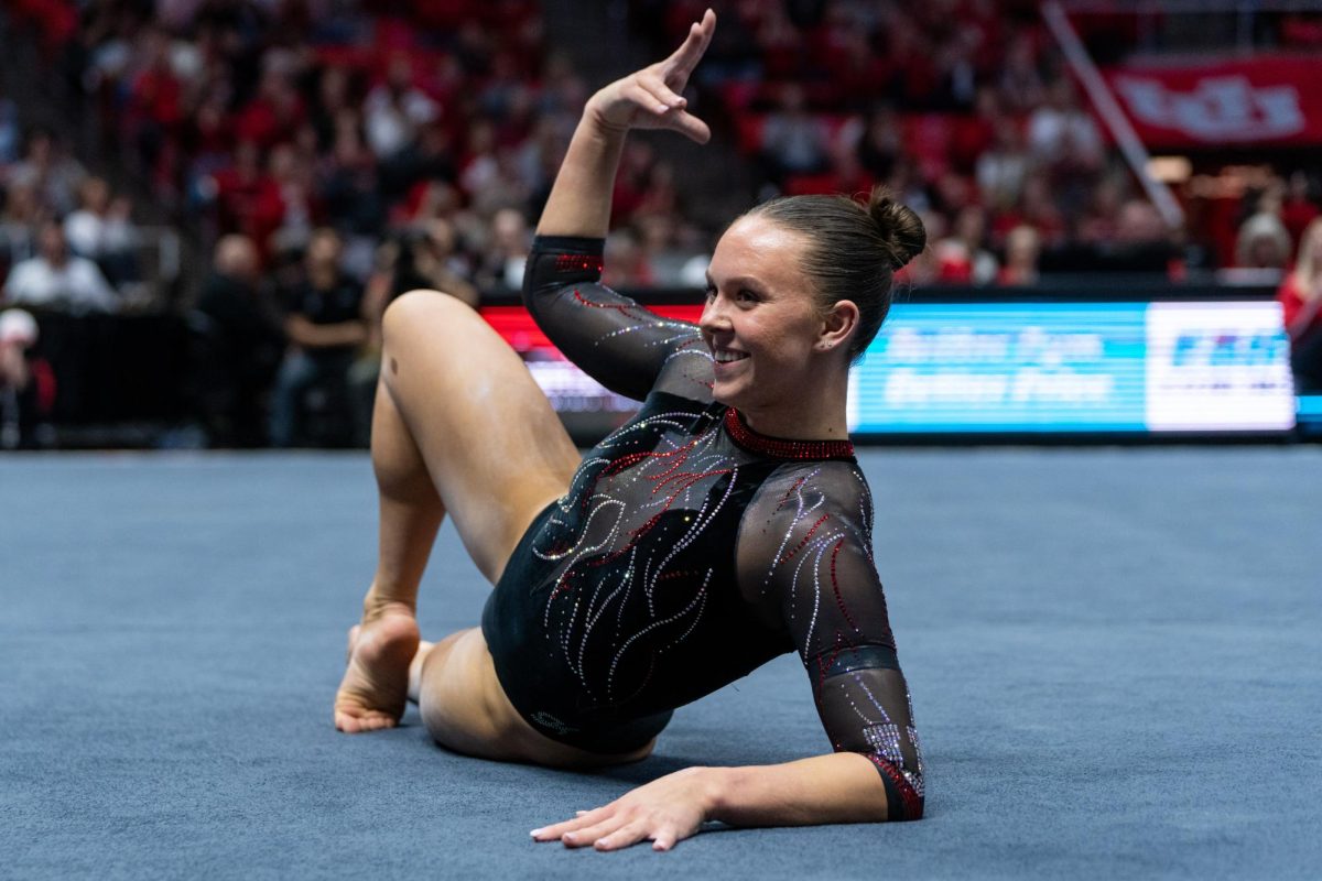 Utah gymnast Maile OKeefe in her floor routine versus the Oregon State Beavers at the Jon M. Huntsman Center in Salt Lake City on Feb. 2, 2024. (Photo by Xiangyao “Axe” Tang | The Daily Utah Chronicle)