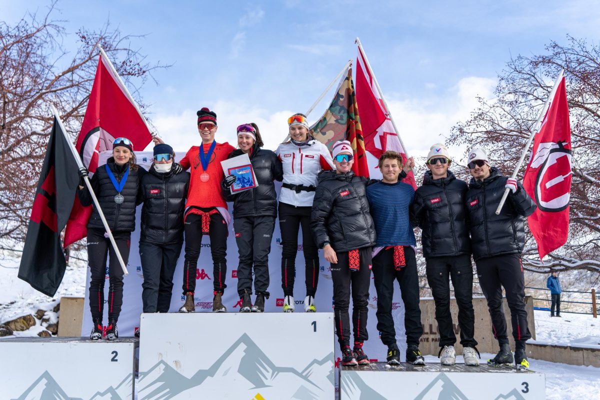 The Utah ski team poses for a photo on the podium at the Westminster Invitational at the Soldier Hollow Nordic Center in Midway, Utah on Jan. 7, 2024. (Photo by Xiangyao “Axe” Tang | The Daily Utah Chronicle)
