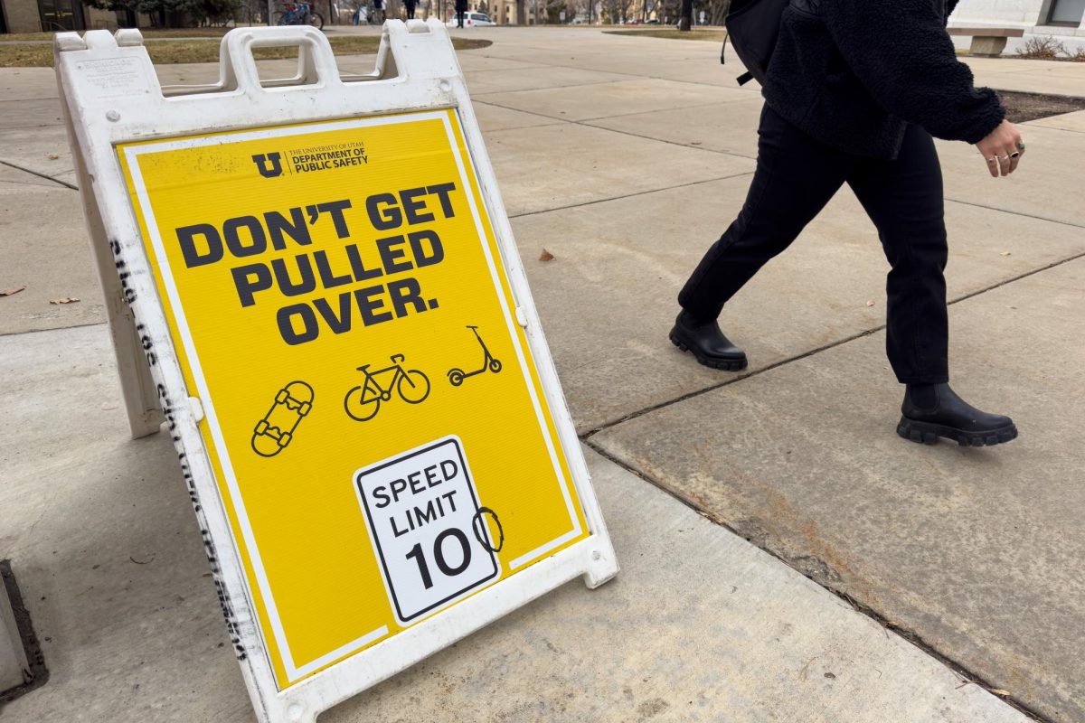 A speed limit sign for non-pedastrian traffic on University of Utah campus in Salt Lake City on Monday, Feb. 5, 2024. (Photo by Xiangyao Axe Tang | The Daily Utah Chronicle)