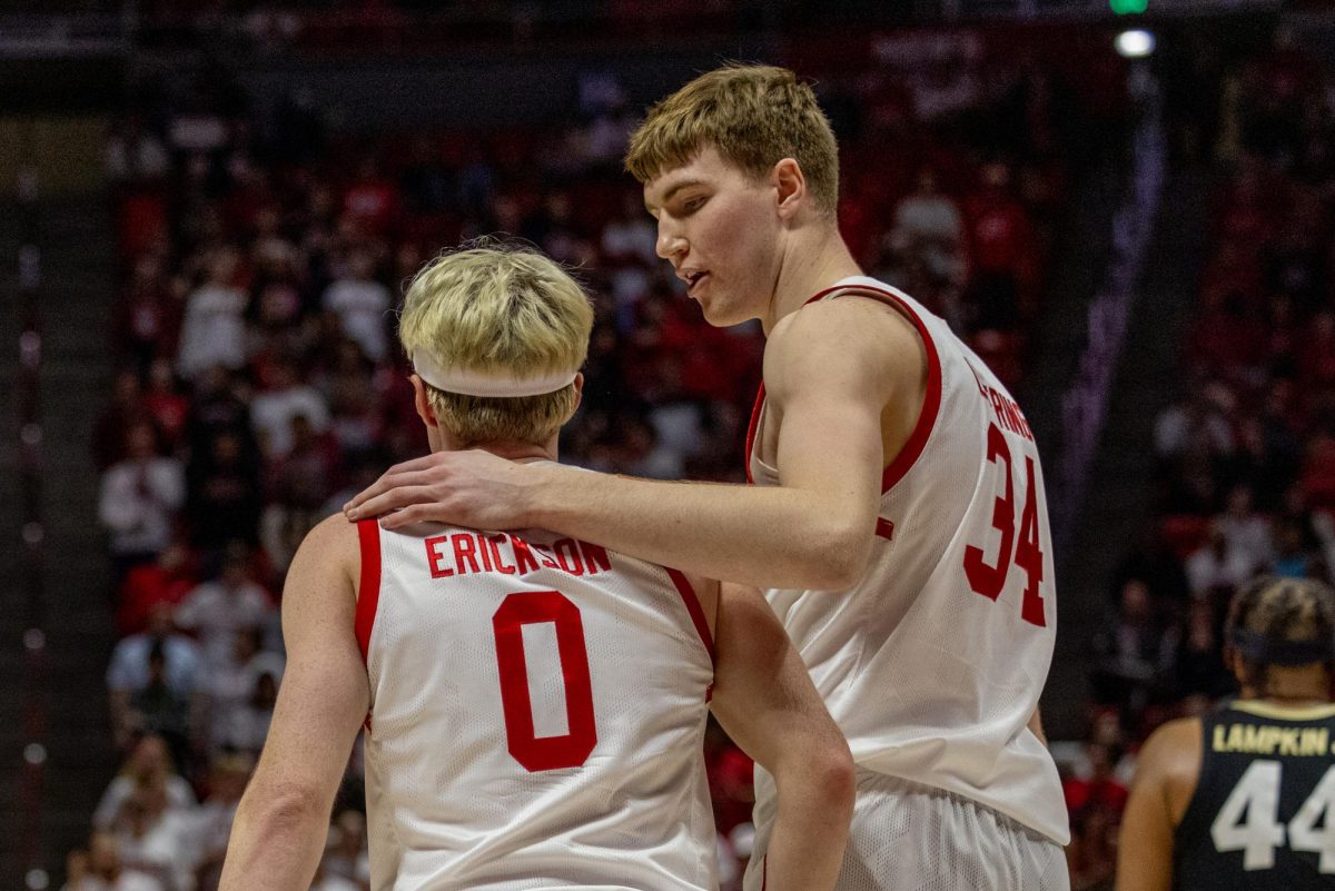 University of Utah Men’s Basketball guard Hunter Erickson (0) and center Lawson Lovering (34) in the game vs. the Colorado Buffaloes on Sunday, Feb. 4, 2024, at the Jon M. Huntsman Center in Salt Lake City. (Photo by Mary Allen | The Daily Utah Chronicle)