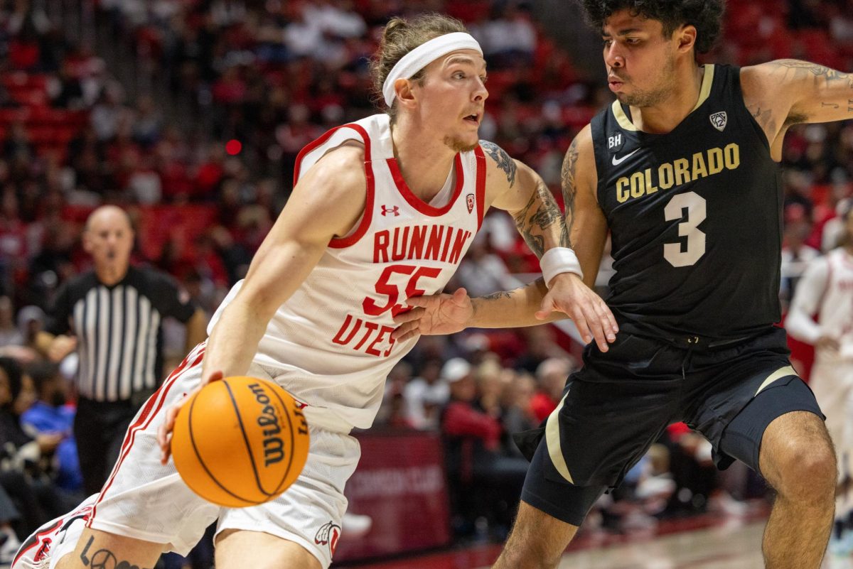 University of Utah Men’s Basketball player Gabe Madsen (55) in the game vs. the Colorado Buffaloes on Sunday, Feb. 4, 2024, at the Jon M. Huntsman Center in Salt Lake City. (Photo by Mary Allen | The Daily Utah Chronicle)