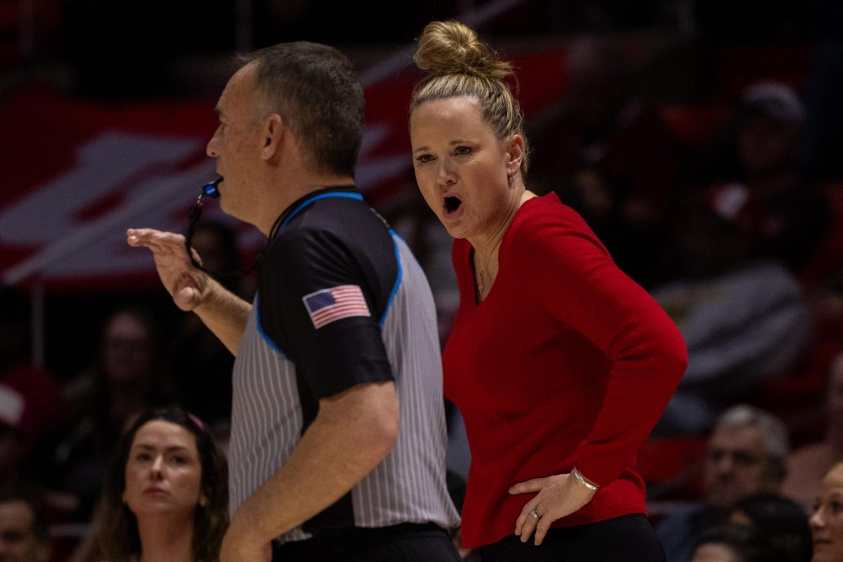 Utah womens basketball head coach Lynne Roberts shouts at referee in the game versus the Oregon Ducks at the Jon M. Huntsman Center in Salt Lake City on Sunday, Feb. 11, 2024. (Photo by Mary Allen | The Daily Utah Chronicle)