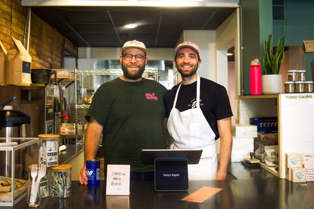 Owners of Babys Bagels, Koby Elias (left) and Eric Valchuis (right), pose for a photo at Babys Bagel in Salt Lake City on Sunday, Feb. 4, 2024. (Photo by Minh Polaris Vuong | The Daily Utah Chronicles)