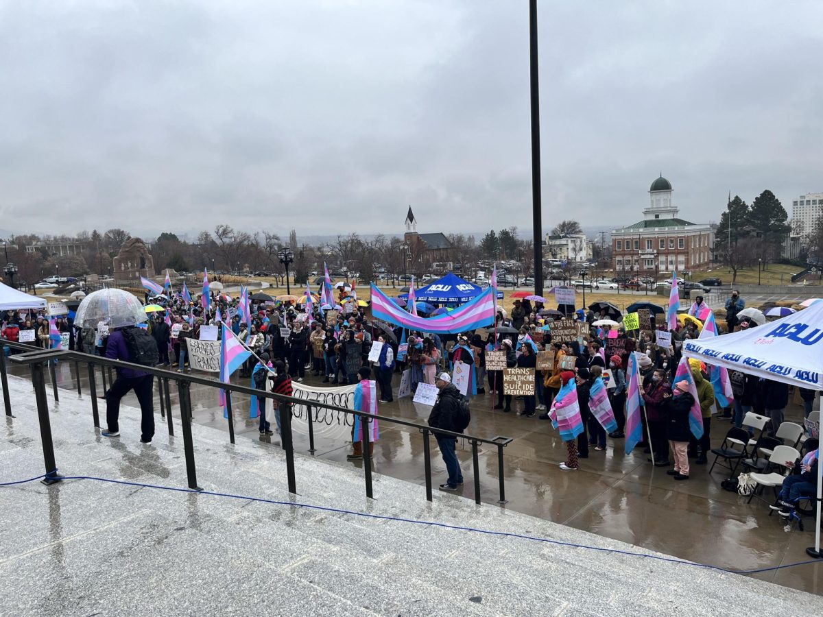 Protestors hold and wear transgender flags at a demonstration against H.B. 257 at the Utah State Capitol in Salt Lake City on Jan. 25, 2024. (Photo by Elle Cowley | The Daily Utah Chronicle)