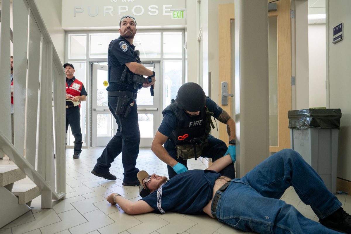 Officers from Weber State University’s Police Department and first responders from around Northern Utah respond to an active shooter drill at Weber State’s Ogden campus on Wednesday, August 23, 2023. (Courtesy of Weber State University)