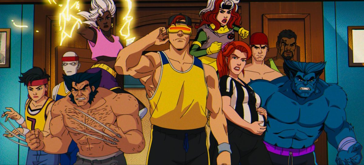 (L-R): Jubilee (voiced by Holly Chou), Morph (voiced by JP Karliak), Wolverine (voiced by Cal Dodd), Storm (voiced by Alison Sealy-Smith), Cyclops (voiced by Ray Chase), Rogue (voiced by Lenore Zann), Jean Grey (voiced by Jennifer Hale), Gambit (voiced by AJ LaCascio), Bishop (voiced by Isaac Robinson-Smith), and Beast (voiced by George Buza) in Marvel Animations X-MEN 97. (Photo courtesy of Marvel Animation. © 2024 MARVEL)
