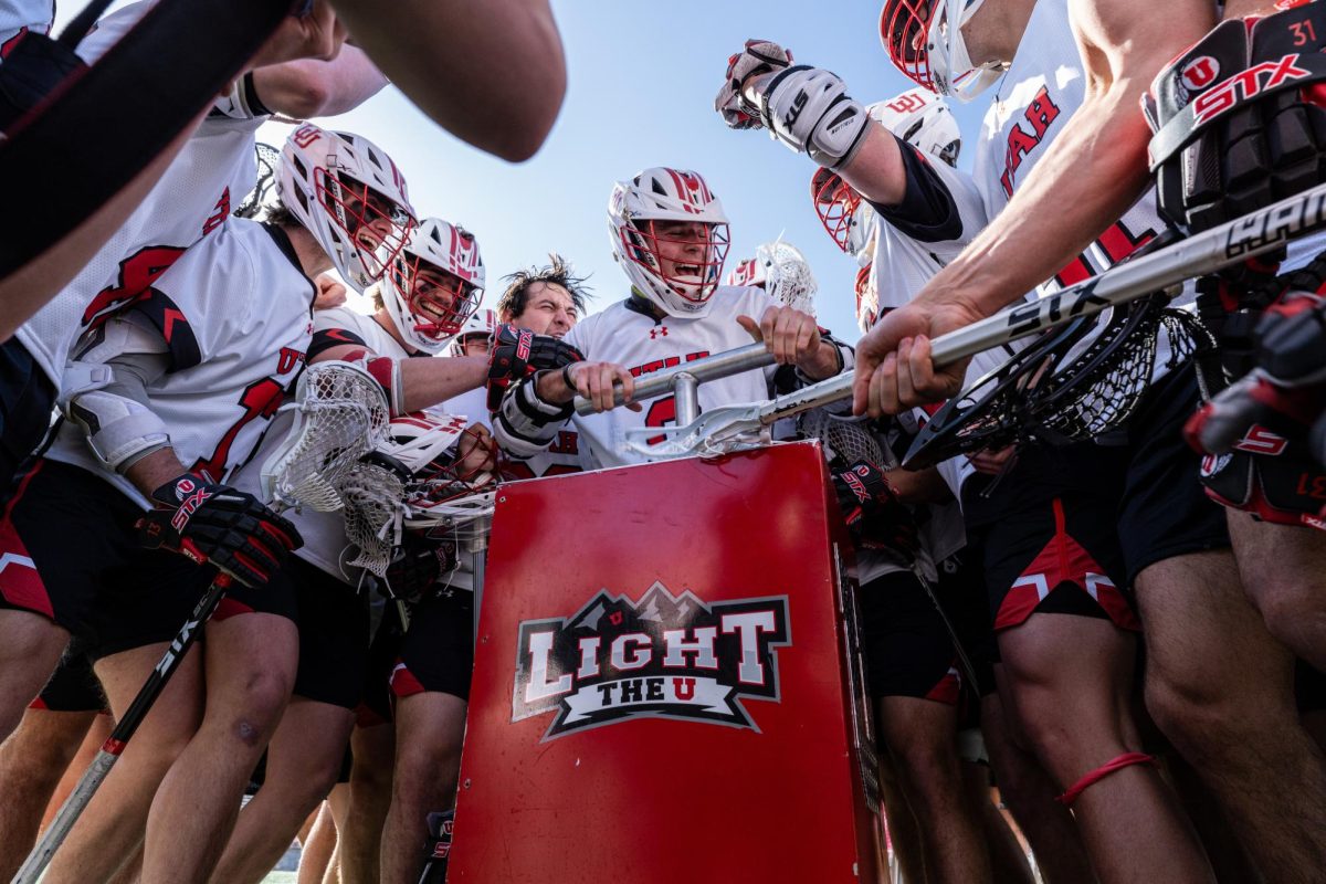 The Utah men’s lacrosse lights the U after defeating the University of Vermont Catamounts at Rice-Eccles Stadium in Salt Lake City on Feb. 24, 2024. (Photo by Xiangyao “Axe” Tang | The Daily Utah Chronicle)