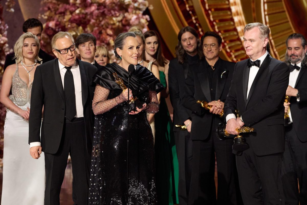 Charles Roven, Emma Thomas, and Christopher Nolan accept the Oscar® for Best Picture on Sunday, Mar. 10, 2024 (Credit Trae Patton ©A.M.P.A.S.)