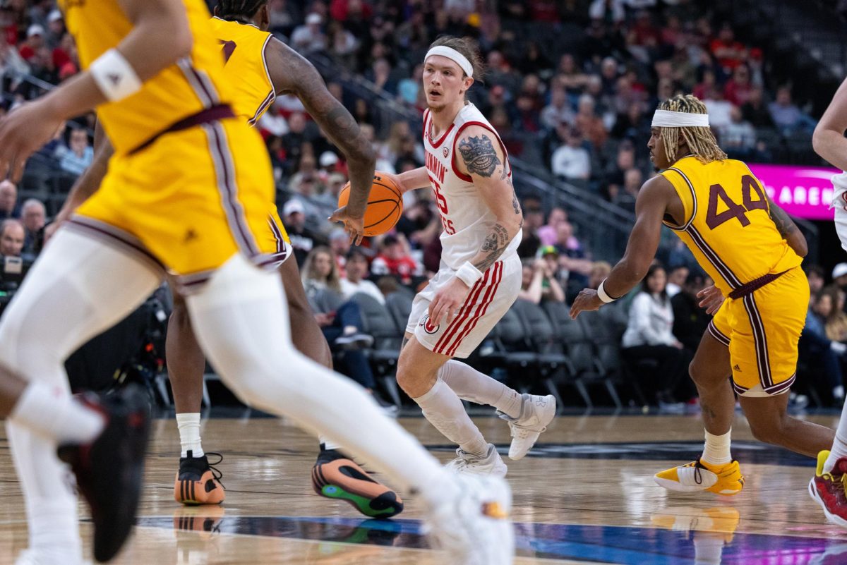 Utah guard Gabe Madsen (55) during the game vs. Arizona State at the T-Mobile Arena in Las Vegas, NV on Wednesday March 13, 2024. (Photo by Mary Allen | The Daily Utah Chronicle)