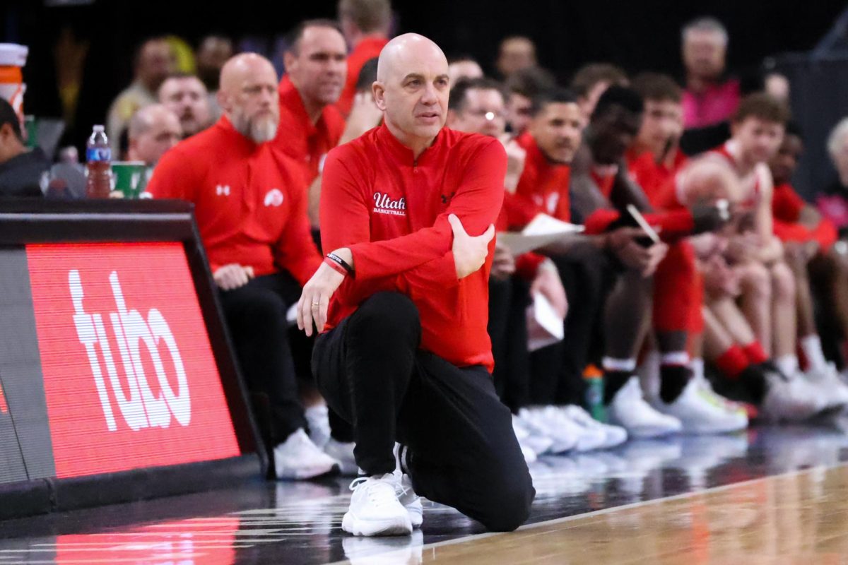 Utah men's basketball head coach Craig Smith during their second round of the Pac-12 tournament vs. CU Boulder at the T-Mobile Stadium in Las Vegas, NV on March 14, 2024. (Photo by Mary Allen | The Daily Utah Chronicle)