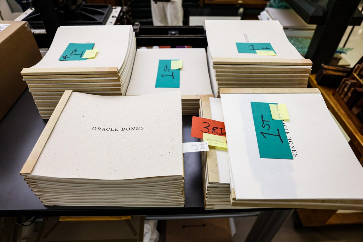 Orcale Bones, printed by Red Butte Press, at the J. Willard Marriott Library in Salt Lake City on March 26. 2024. (The Daily Utah Chronicle | Photo by Sophie Felici)