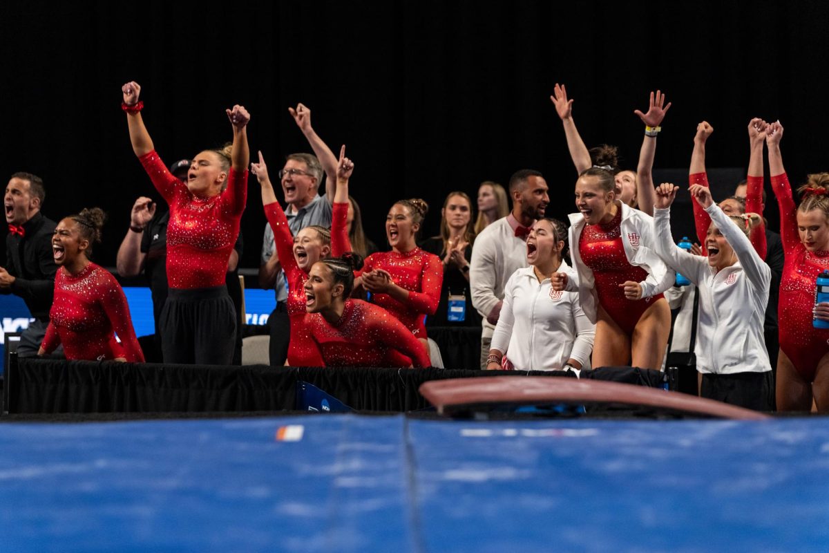 The Utah Red Rocks cheers for their teammates at the NCAA Gymnastics Championships semifinals at Dickies Arena in Fort Worth, TX on Thursday, April 18, 2024. (Photo by Xiangyao “Axe” Tang | The Daily Utah Chronicle)