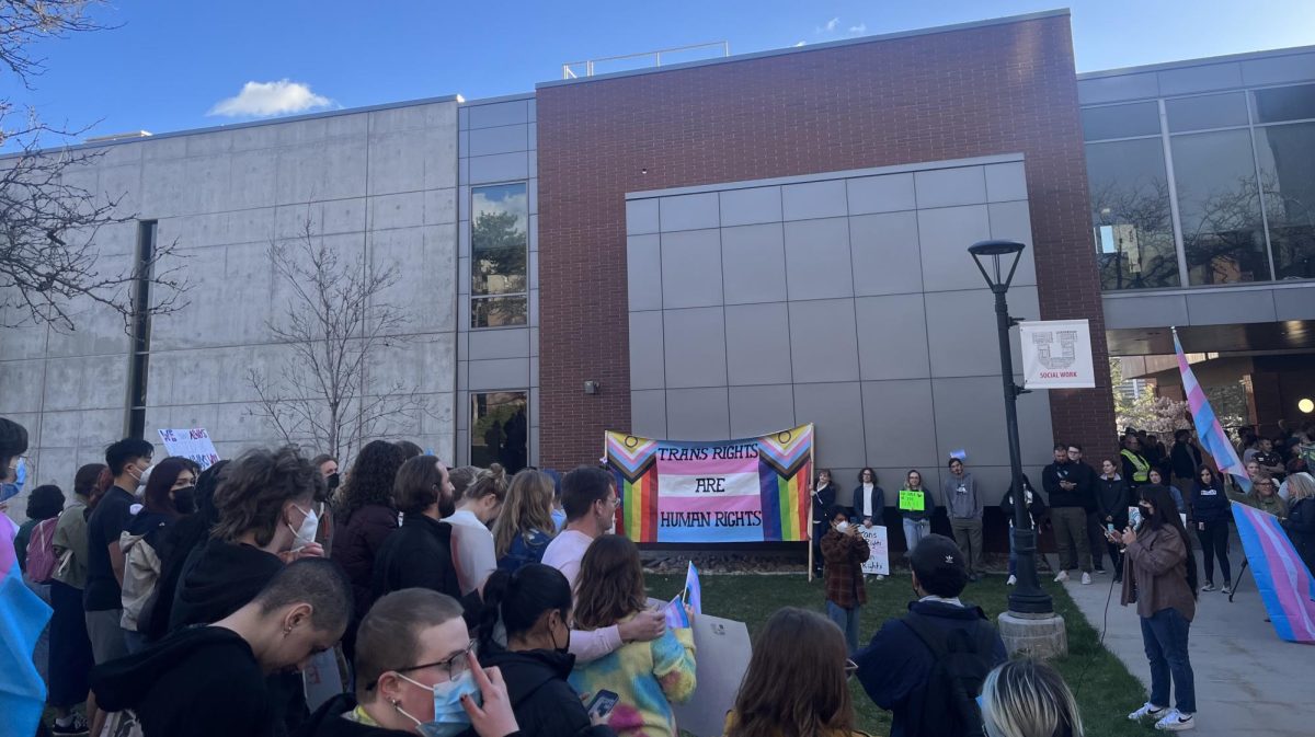 The student group Mecha at their Rally Against Transphobia, held at the same time as student group Young American for Freedoms event that featured Michael Knowles on April 8, 2024. (Photo by Caelan Roberts | The Daily Utah Chronicle.)