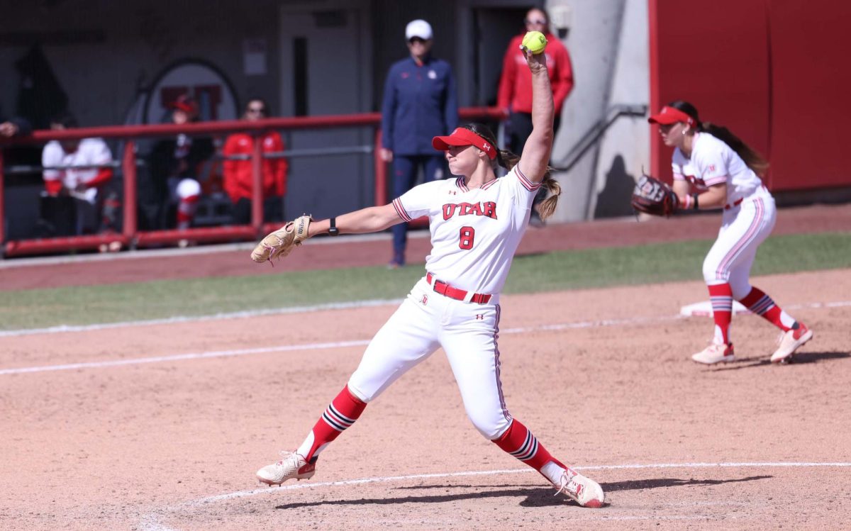 Utah pitcher Mariah Lopez (8) versus the Arizona Wildcats at the Dumke Family Softball Stadium in Salt Lake City on Friday, April 5, 2024. (Photo courtesy of The Daily Utah Chronicle archives)
