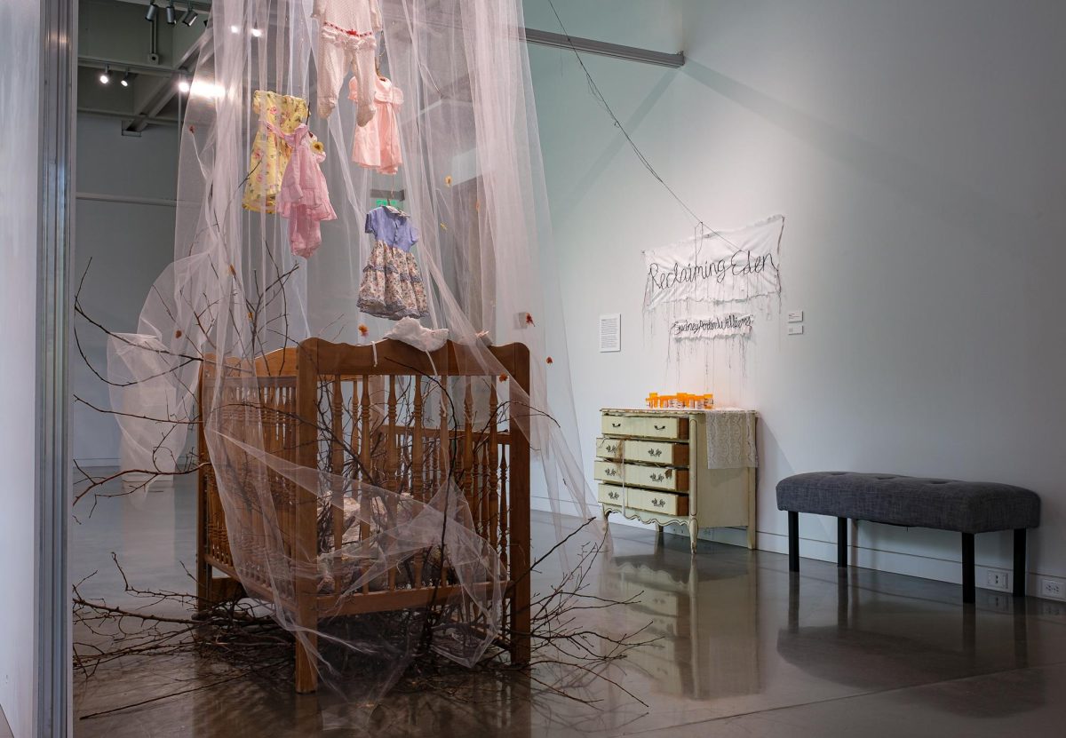 The first two pieces of the Reclaiming Eden exhibition in the Gittins Gallery at the University of Utah on Wednesday, May 15, 2024. (Photo by Marco Lozzi | The Daily Utah Chronicle)