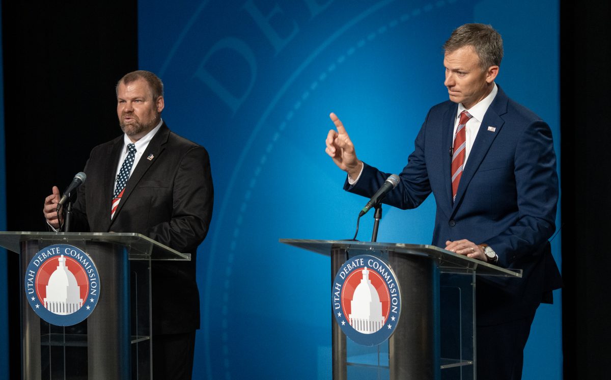 (Chris Samuels | The Salt Lake Tribune) Paul Miller, left, and Blake Moore during a 1st Congressional District GOP primary debate at the Eccles Broadcast Center in Salt Lake City, Monday, June 10, 2024.