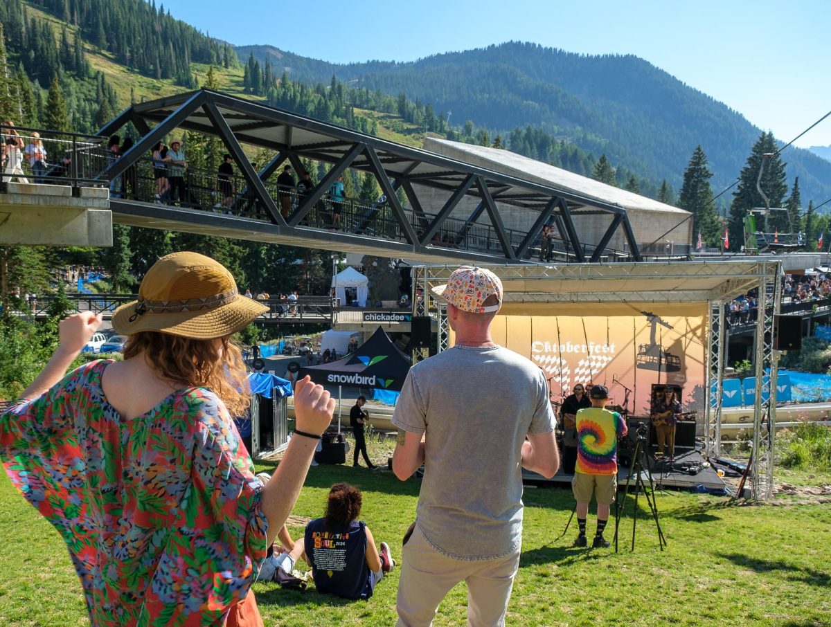 Festival goers dancing during Oktoberfest at Snowbird, Utah on Saturday Aug. 31, 2024. (Photo by Marco Lozzi | The Daily Utah Chronicle)