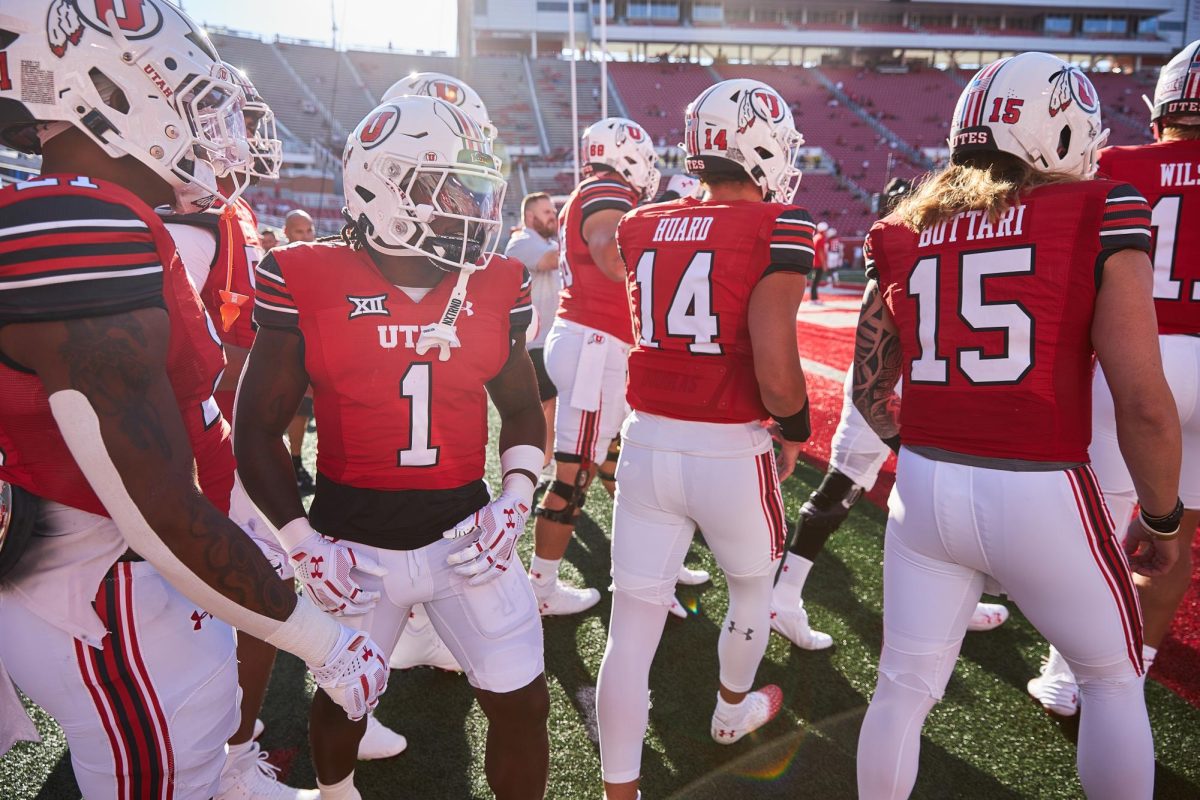 The University of Utah football team before the Utah vs Southern Utah University game at Rice-Eccles Stadium in Salt Lake City on Thursday, Aug. 29, 2024. (Photo by Luke Larsen | The Daily Utah Chronicle)