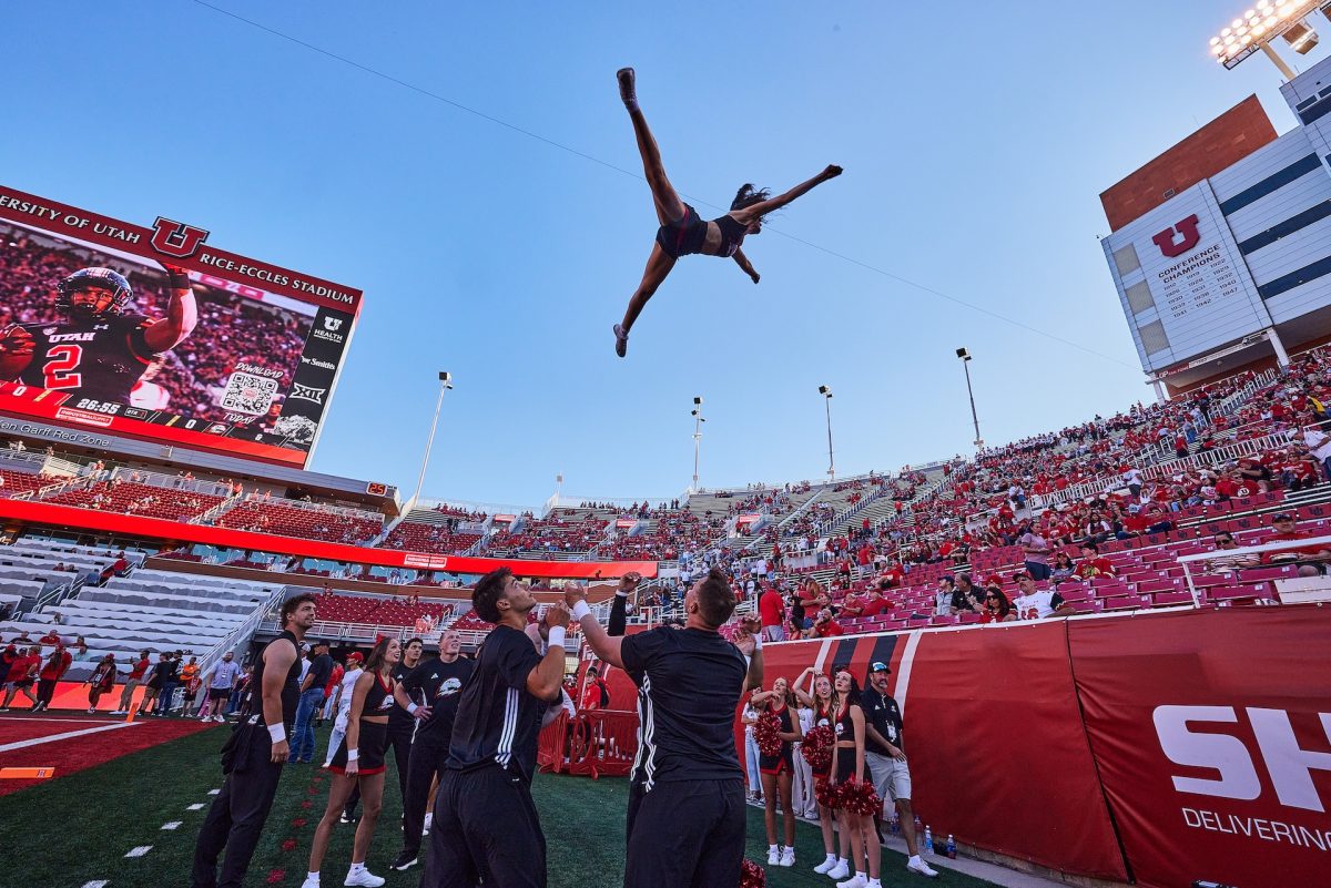 The Southern Utah University Spirit Team before the Utah vs SUU game at Rice-Eccles Stadium in Salt Lake City on Thursday, Aug. 29, 2024. (Photo by Luke Larsen | The Daily Utah Chronicle)