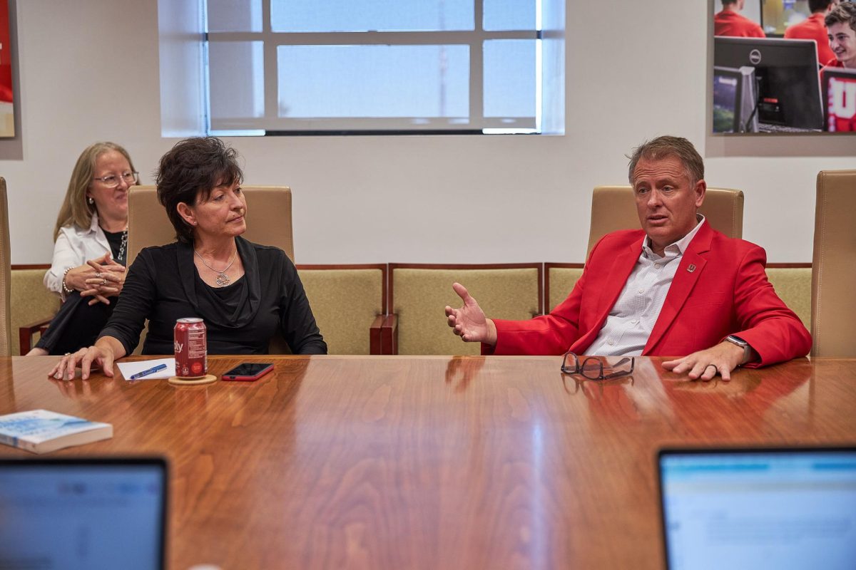 University of Utah President Taylor Randall speaking at the John R. Park Building for a press conference with The Daily Utah Chronicle on Sept. 6, 2024. (Photo by Luke Larsen | The Daily Utah Chronicle)