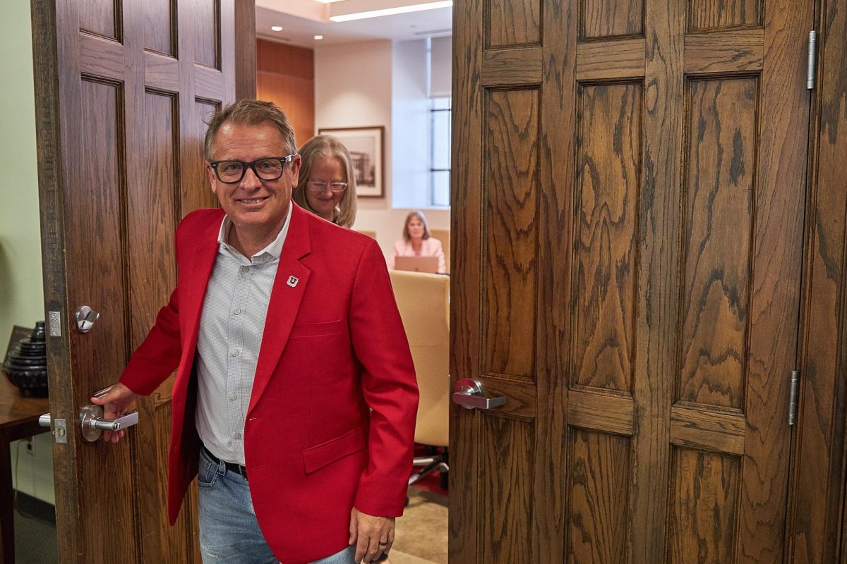 University of Utah President Taylor Randall enters the Winder Board Room at the John R. Park Building for a press conference with The Daily Utah Chronicle on Sept. 6, 2024. (Photo by Luke Larsen | The Daily Utah Chronicle)