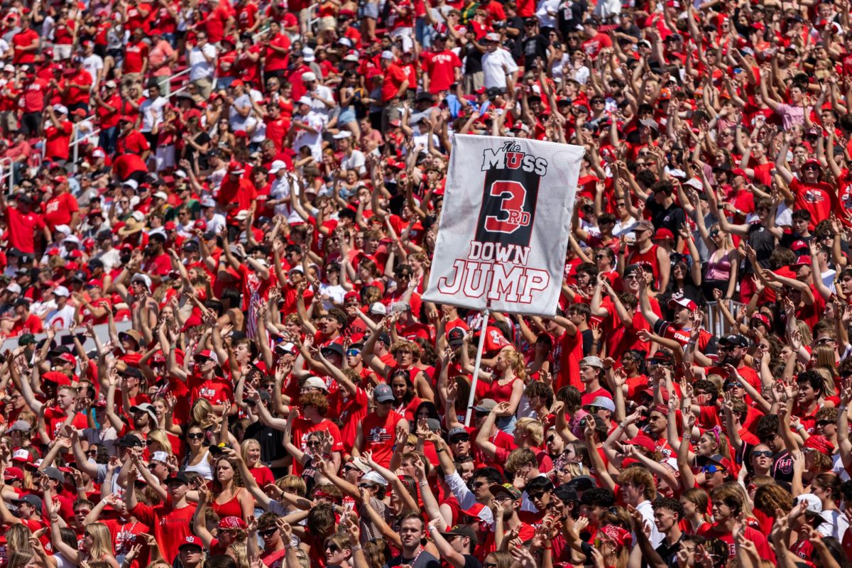 The MUSS during the Third Down Jump at the home game at Rice-Eccles Stadium in Salt Lake City on Saturday, Sept. 7, 2024. (Photo by Samantha Lazenby | The Daily Utah Chronicle)