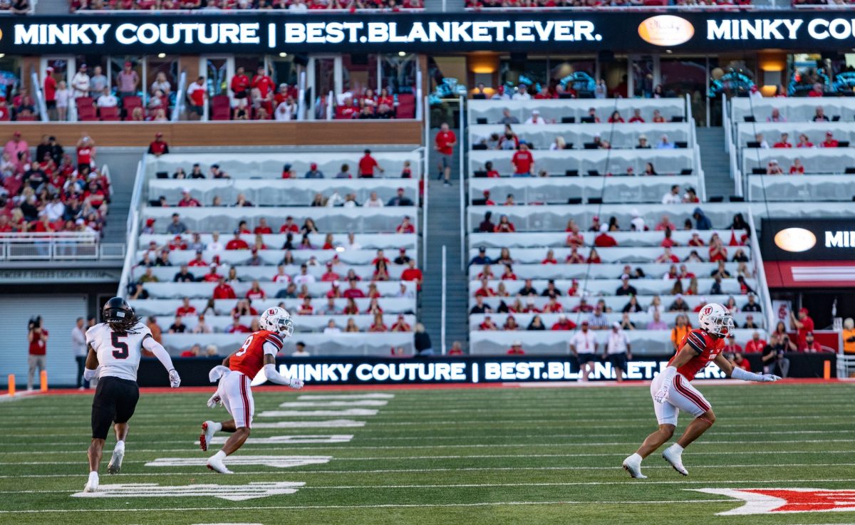 University of Utah cornerbacks Smith Snowden (2) and Elijah Davis (9) in the home opener football game against Southern Utah University at Rice-Eccles Stadium in Salt Lake City on Aug. 29, 2024. (Photo by Samantha Lazenby | The Daily Utah Chronicle)