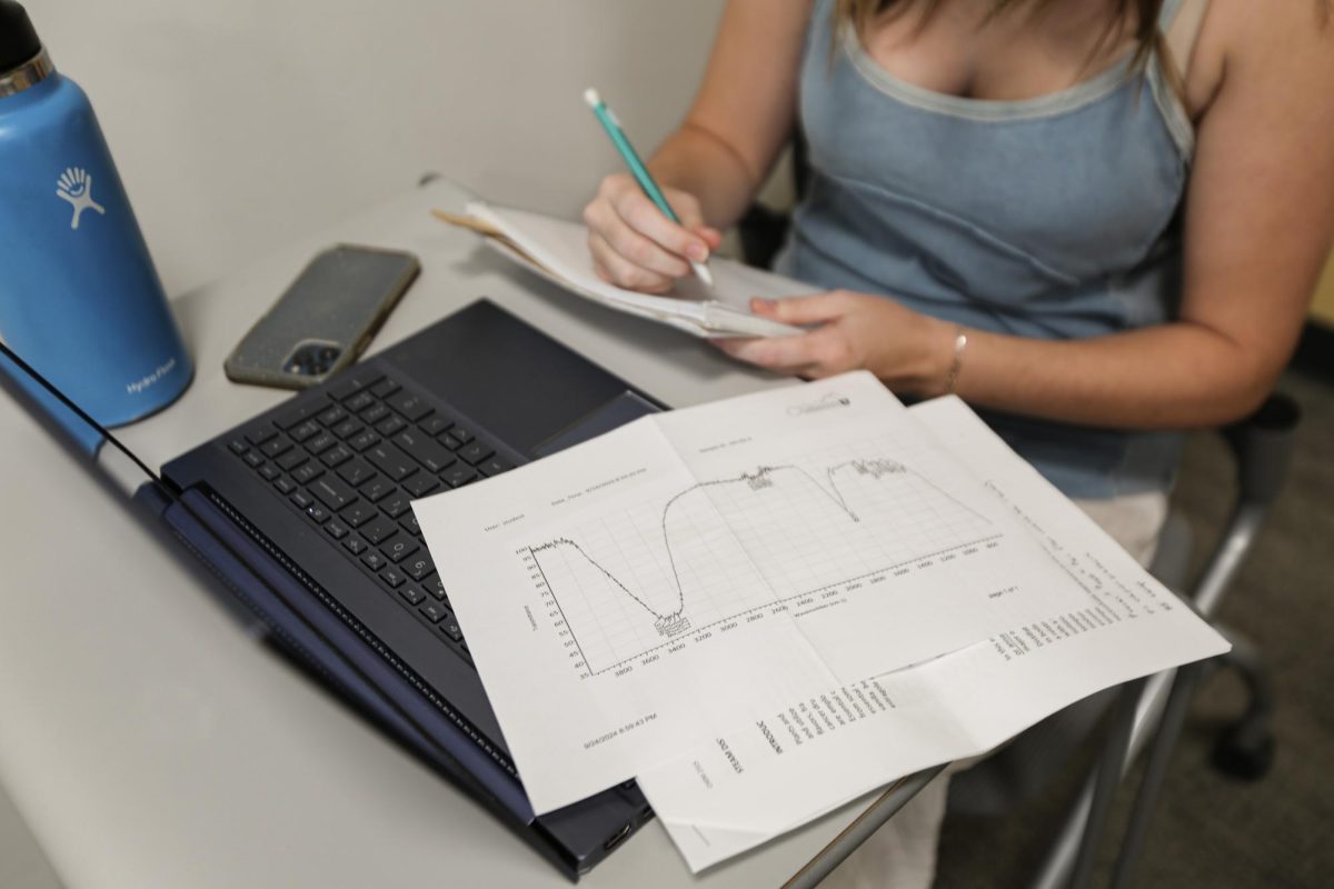 Oct. 1 in Gardner Commons, Salt Lake City, a member of the University of Utah Red Cross Club works on her homework in a club study hall event. (Photo by Addy Cowley | Daily Utah Chronicle)