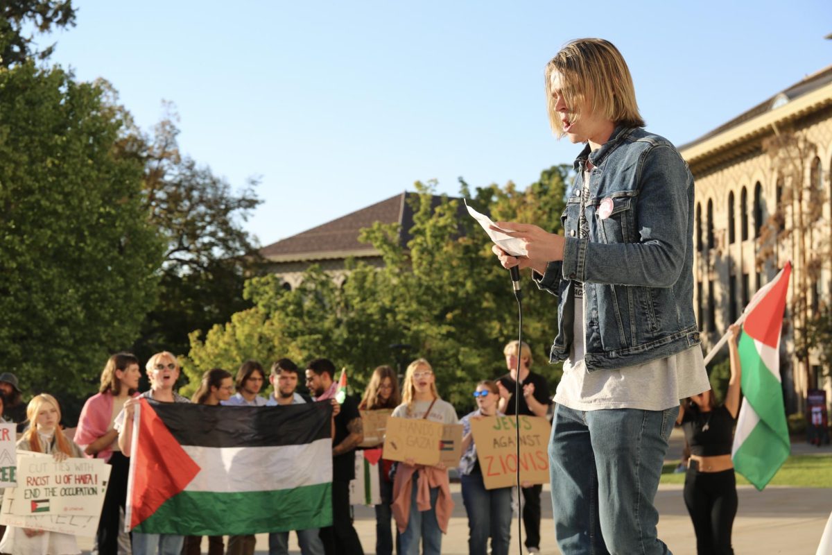 Students for a Democratic Society  member Sebastian Miscenich speaks at a pro-Palestine protest in Salt Lake City, Oct. 3. (Photo by Addy Cowley | Daily Utah Chronicle)