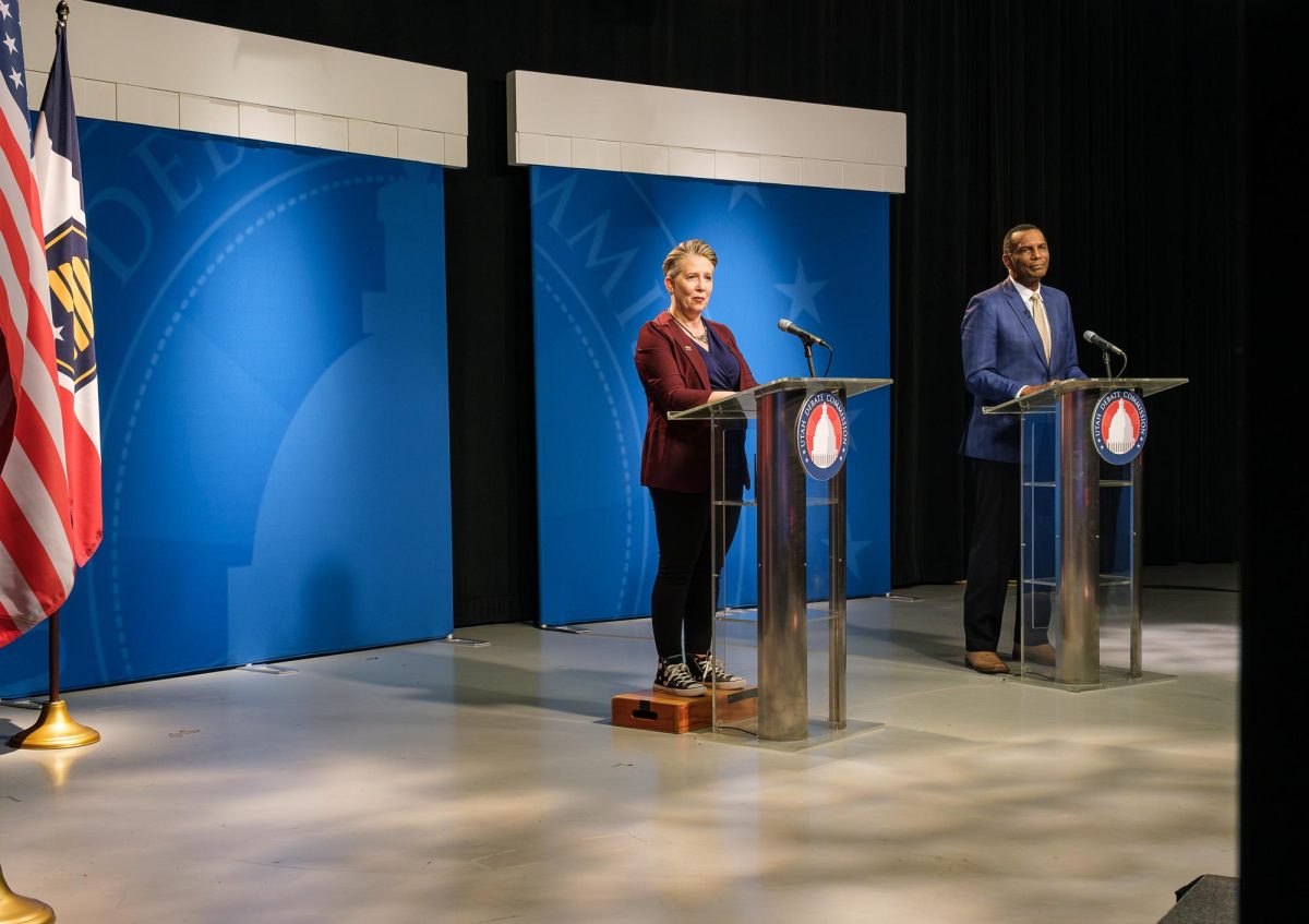 Katrina Fallick-Wang and Burgess Owens during the 4th Congressional District debate at the Eccles Broadcast Center on the University of Utah campus in Salt Lake City on Thursday, Oct. 24, 2024. (Photo by Marco Lozzi | The Daily Utah Chronicle)