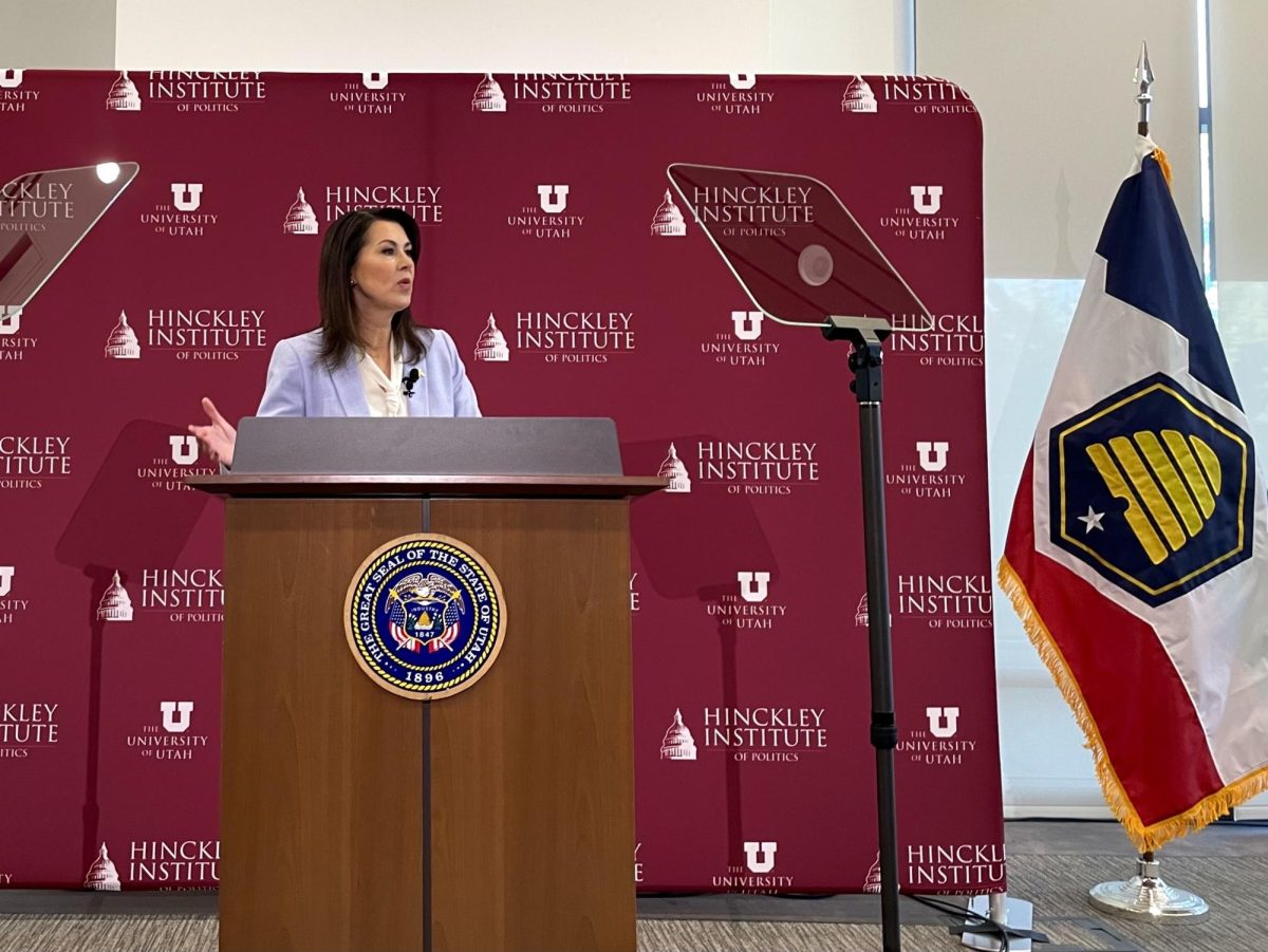 On Thursday, Lt. Gov. Deidre Henderson spoke to a room of students, faculty and reporters about election security in Utah. (Photo by Vanessa Hudson | The Daily Utah Chronicle)