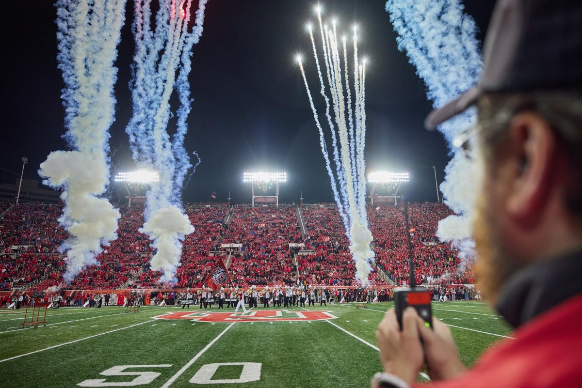 Detonated fireworks charges on the field during the opening ceremony of the U vs. BYU game in the Rice-Eccles Stadium on Saturday, Nov. 9, 2024. (Photo by Luke Larsen | The Daily Utah Chronicle)