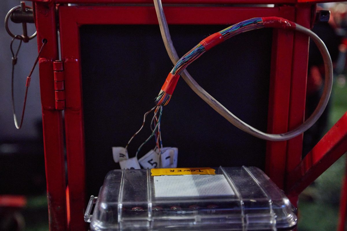 A radio receiver connected to a flare intended to detonate before the Utah Utes run on of the U vs. BYU game in the Rice-Eccles Stadium on Saturday, Nov. 9, 2024. (Photo by Luke Larsen | The Daily Utah Chronicle)