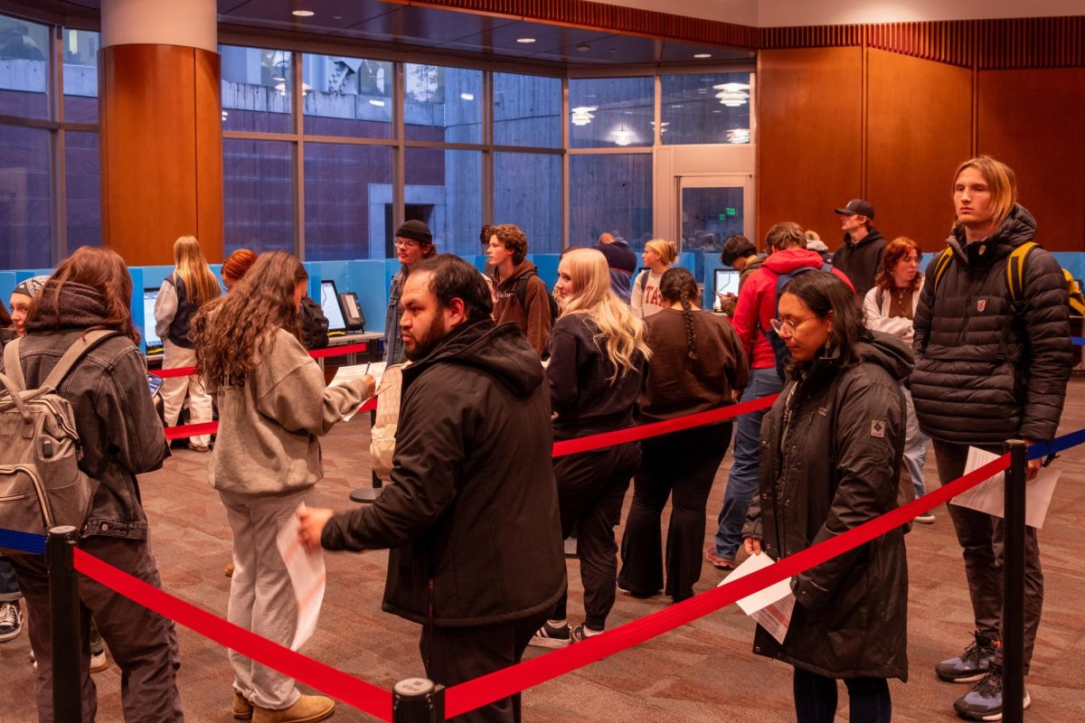 University of Utah students stand in line to vote at the J. Willard Marriott Library in Salt Lake City on Tuesday, Nov. 5. (Photo by Madeline Van Wagenen | The Daily Utah Chronicle)